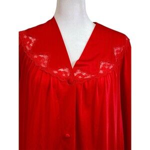 VTG. SHADOWLINE Long Red‎ Robe Lace  Button Up SZ Med Hollywood Glam Granny Core